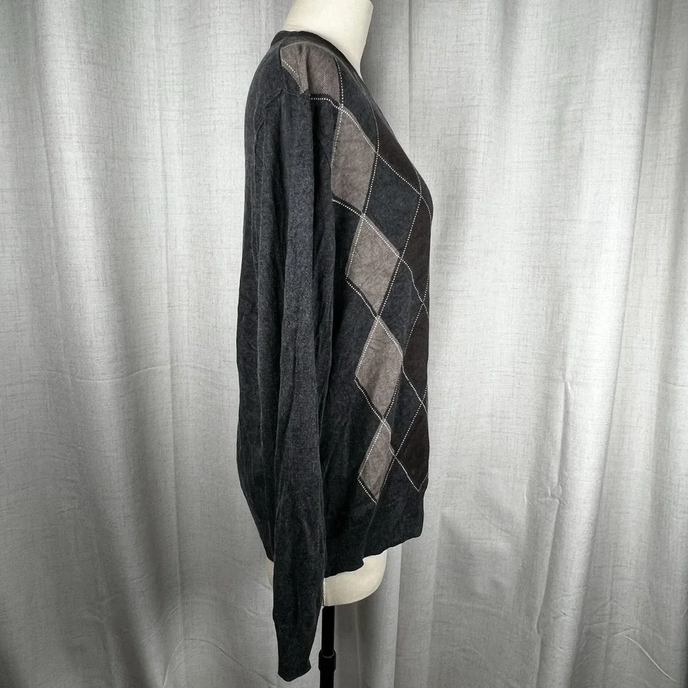 Banana Republic Sweater Mens XL Grey Brown Argyle Silk Cashmere Blend‎ V Neck